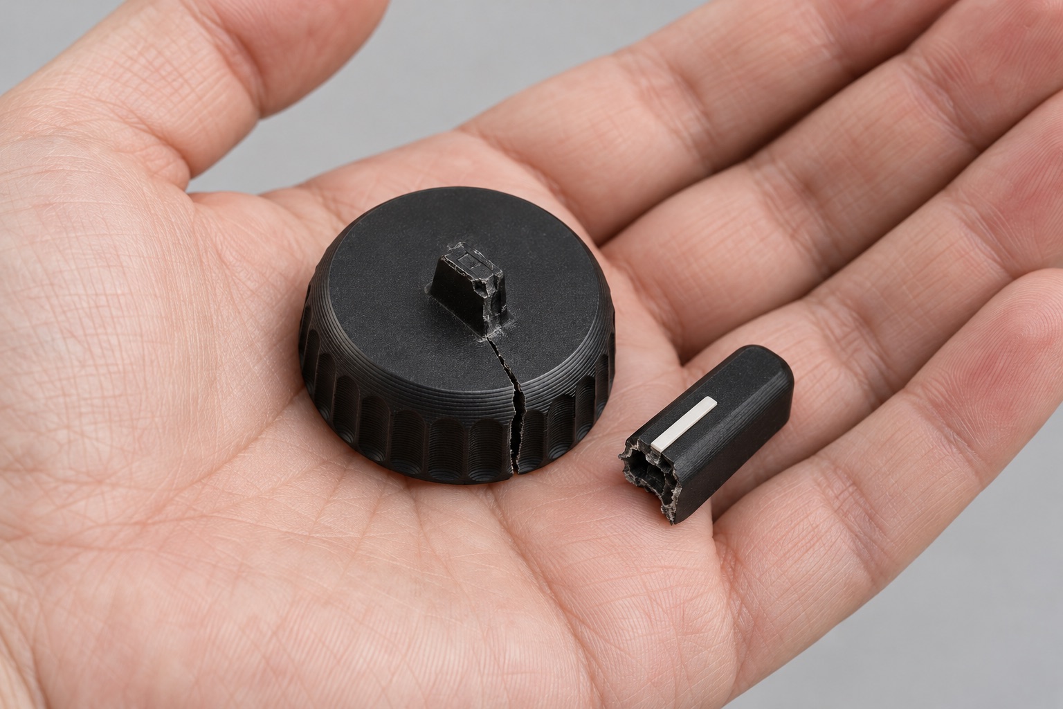 A hand holding a broken cooker knob