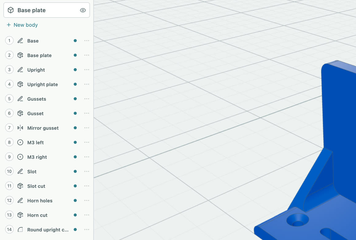 The servo bracket open in Extrudle with its step list